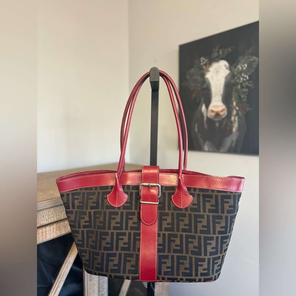 FENDI Brown FF Jacquard Zucca Buckle Tote with Red Accent Silver Hardware
